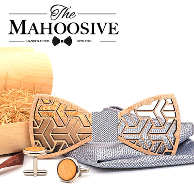 wooden bow tie white Maple Wood bowtie with pocket square Handkerchief Set cuff Links groom man