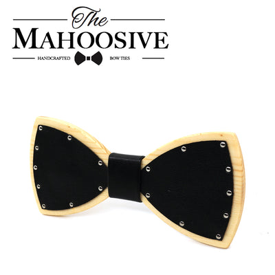 White Leather Wood bow tie Maple wood Punk style bowtie