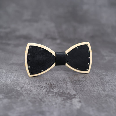 White Leather Wood bow tie Maple wood Punk style bowtie