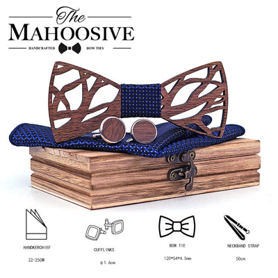 Wood Bow Tie Handkerchief Cufflinks Set for Men Gift
