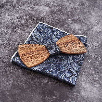 Wooden Mens bow Tie Wood Neck Tie Set Paisley